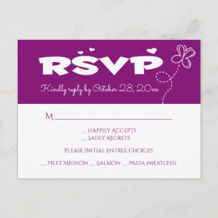 Cartão Postal De Convite Roxo & Branco Borboleta & Corações Casamento RSVP