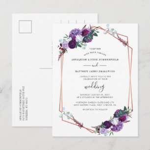 Cartão Postal De Convite Roxo Floral Dourado Rosa Geométrico Casamento