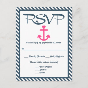 Cartão Postal De Convite RSVP Âncora Rosa Náutica Listra Azul Marinho Casam
