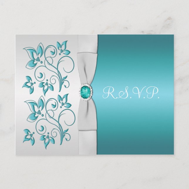 Cartão Postal De Convite RSVP Aqua-Marine e Silver Floral (Frente)