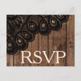 Cartão Postal De Convite RSVP Black Faux Lace and Wood