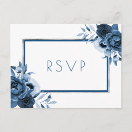Cartão Postal De Convite RSVP branco prateado do floral azul clássico de ca