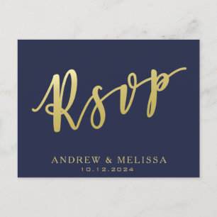 Cartão Postal De Convite RSVP Cartão-postal Dourado Azul-Marinho e Faux
