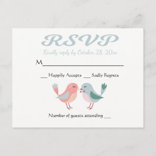 Cartão Postal De Convite RSVP Casais de Pombinhos Rosa e Azul Festa de Casa