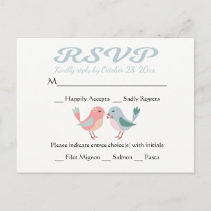 Cartão Postal De Convite RSVP Casais de Pombinhos Rosa e Azul Festa de Casa