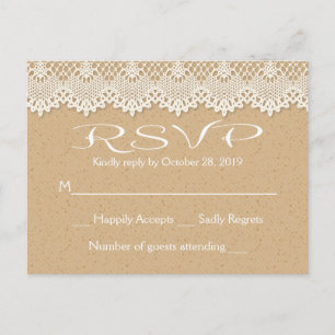 Cartão Postal De Convite RSVP Country Lace Marrom e Branco Rústico