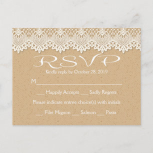 Cartão Postal De Convite RSVP Country Lace Marrom e Branco Rústico