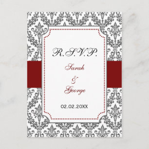 Cartão Postal De Convite rsvp damask vermelho