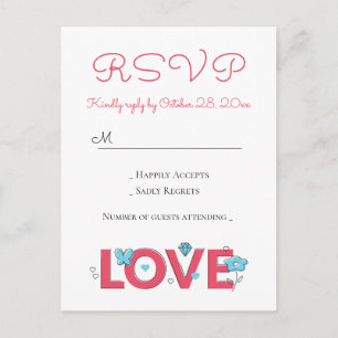 Cartão Postal De Convite RSVP de Amor Cor-de-Rosa Festa de Casamento Coraçã