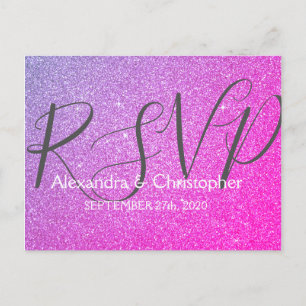 Cartão Postal De Convite RSVP de brilho e brilho roxo e rosa