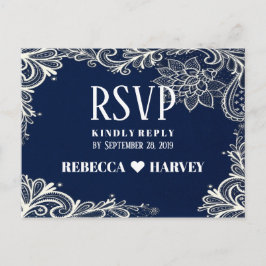 Cartão Postal De Convite RSVP de casamento azul do marinho branco náutico