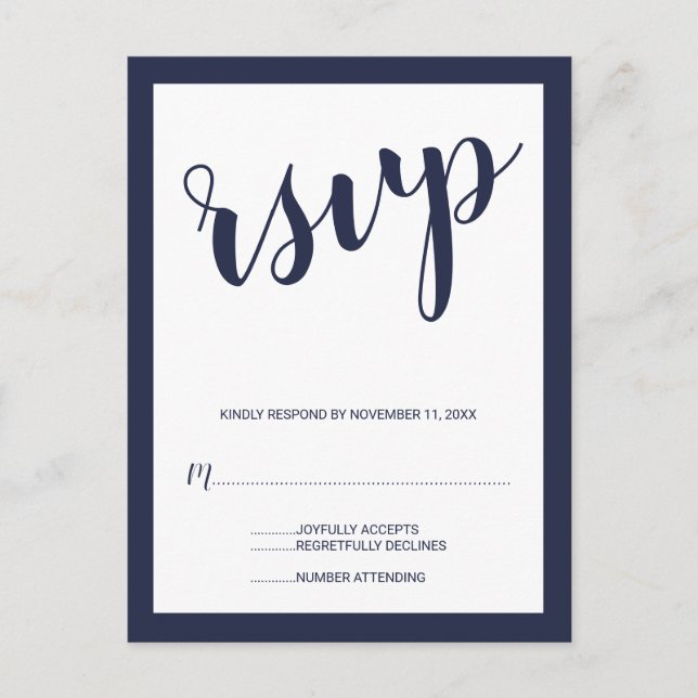 Cartão Postal De Convite RSVP de Casamento Azul do Marinho de Script Modern (Frente)