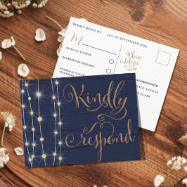Cartão Postal De Convite RSVP de casamento azul e dourado rústico