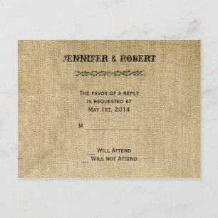 Cartão Postal De Convite RSVP de Casamento Burlap Ocidental
