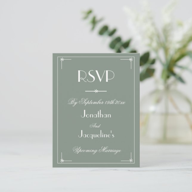 Cartão Postal De Convite RSVP de Casamento Clássico Verde do Elegante Simpl (Em pé/Frente)