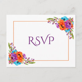 Cartão Postal De Convite RSVP de casamento com aguarela floral laranja roxa