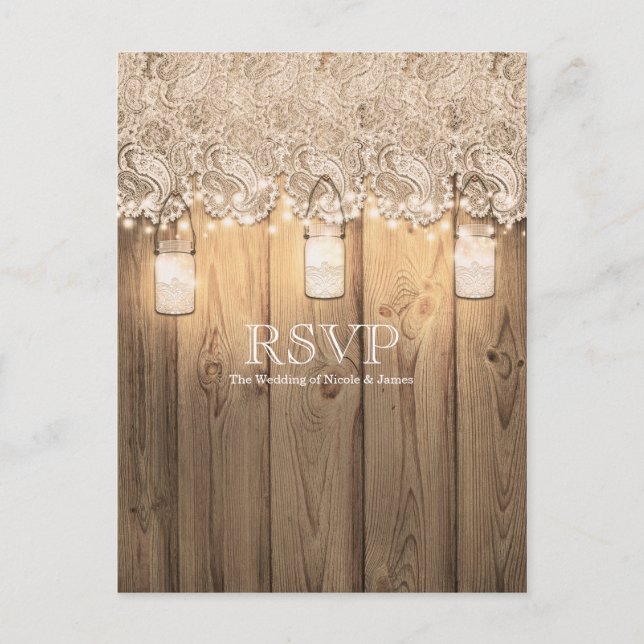 Cartão Postal De Convite RSVP de casamento com jarro de alvenaria iluminado (Frente)