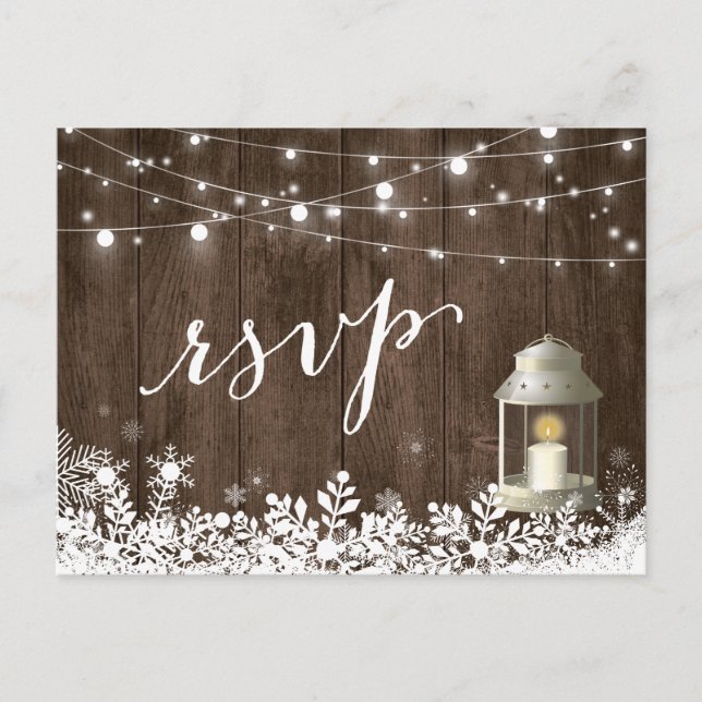 Cartão Postal De Convite RSVP de Casamento das Luzes de String Rustic Snowf (Frente)