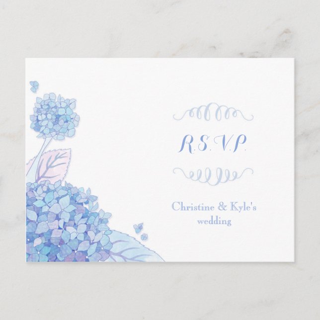 Cartão Postal De Convite RSVP de Casamento de Hydrangeas Azul Clássico (Frente)