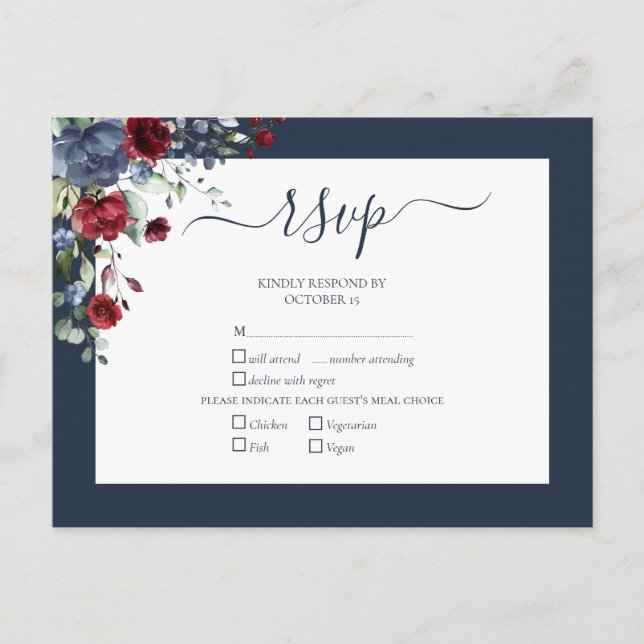 Cartão Postal De Convite RSVP de Casamento de Script Botânico Burgundy Azul (Frente)