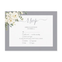 RSVP de Casamento de Script Floral Branco de Cinza
