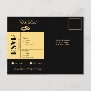 Cartão Postal De Convite RSVP de Casamento Dourado e Preto-