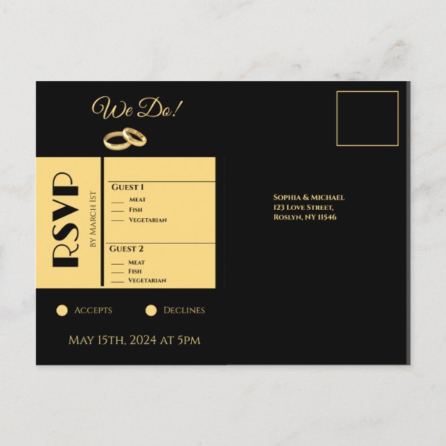 Cartão Postal De Convite RSVP de Casamento Dourado e Preto- (Verso)