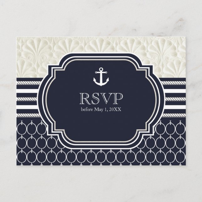 Cartão Postal De Convite RSVP de Casamento Elegante de Praia Marinho Náutic (Frente)