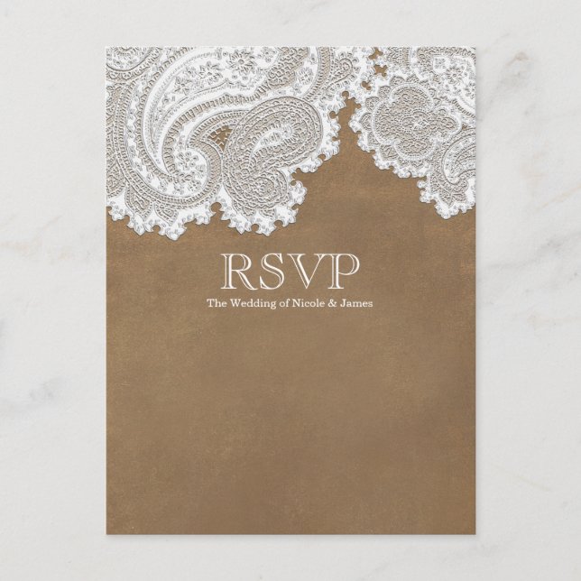 Cartão Postal De Convite RSVP de casamento elegante rústico marrom e renda  (Frente)