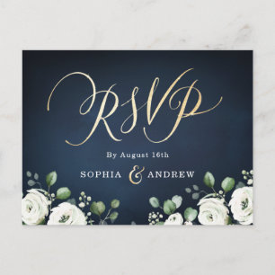 Cartão Postal De Convite RSVP de casamento floral branco de marinho de gui