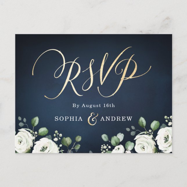 Cartão Postal De Convite RSVP de casamento floral branco de marinho de guiã (Frente)