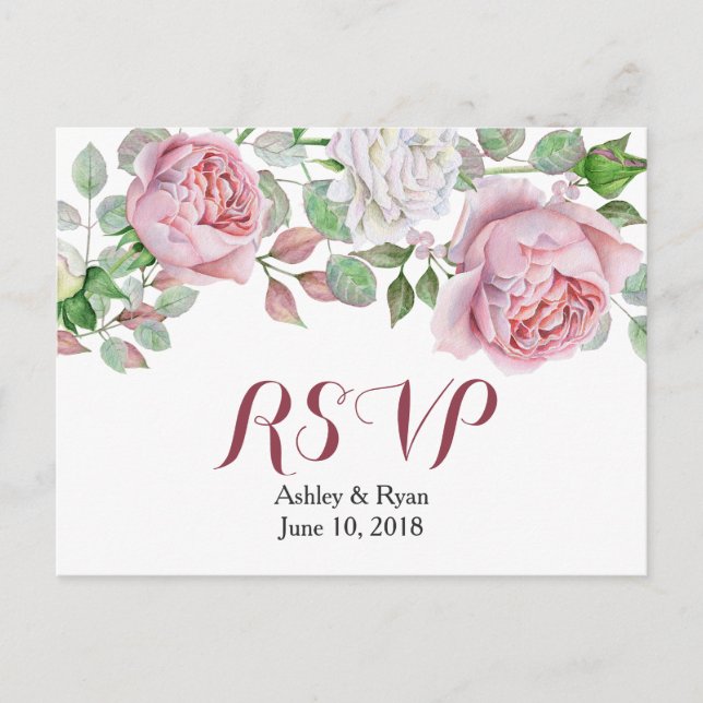 Cartão Postal De Convite RSVP de Casamento Floral de Rosa Chic Rosa Burgund (Frente)