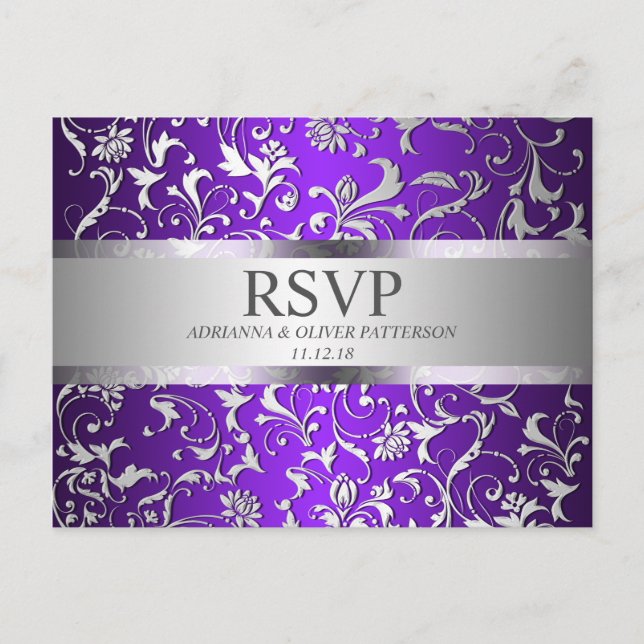 Cartão Postal De Convite RSVP de Casamento Floral do Prata Roxo Moderno (Frente)