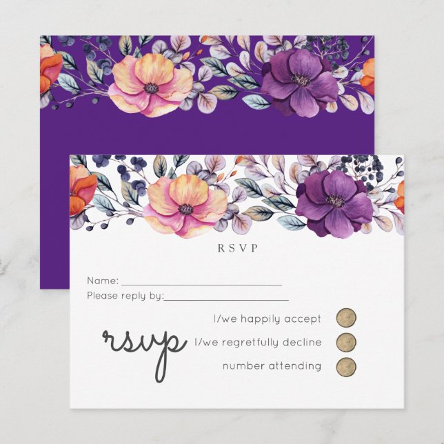 Cartão Postal De Convite RSVP de Casamento Floral Laranja Roxo (Frente/Verso)