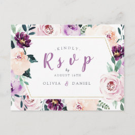 Cartão Postal De Convite RSVP de casamento floral roxo botânico em flor