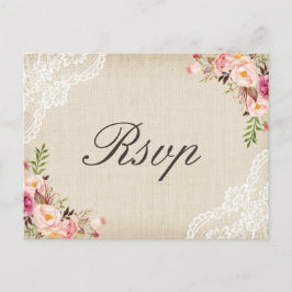 Cartão Postal De Convite RSVP de Casamento Floral Rustic Burlap