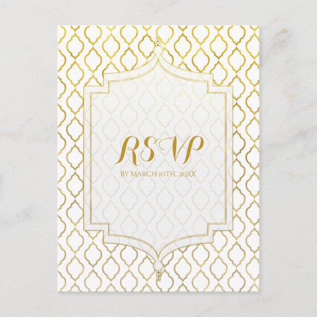 Cartão Postal De Convite RSVP de Casamento Glam Marroquino-Árabe Dourado e  (Frente)