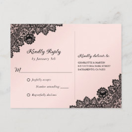 Cartão Postal De Convite RSVP de Casamento Russo de rendas Florais Pretas e