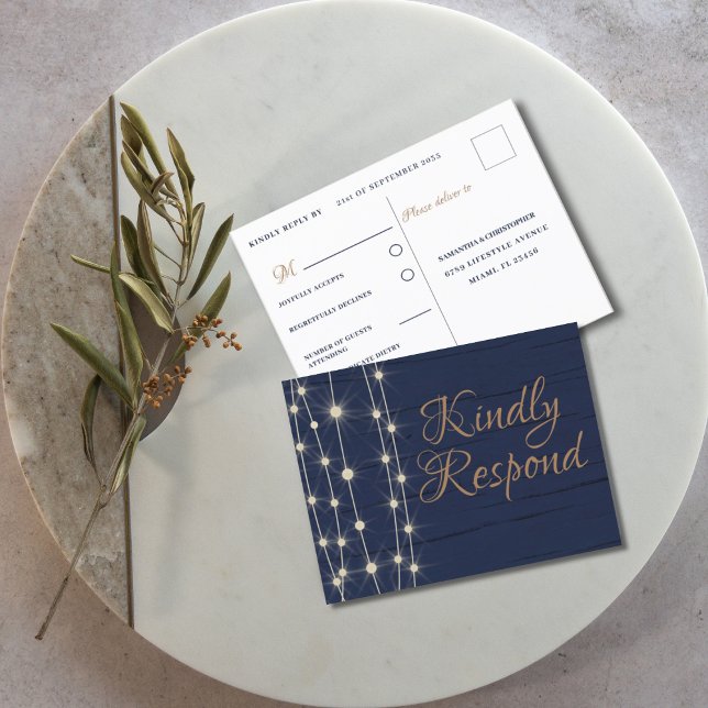 Cartão Postal De Convite RSVP de Casamento Rustic Blue e Dourado (Criador carregado)