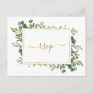 Cartão Postal De Convite RSVP de Casamento Verde Dourado Botânico