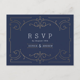 Cartão Postal De Convite RSVP de casamento vintage clássico elegante azul