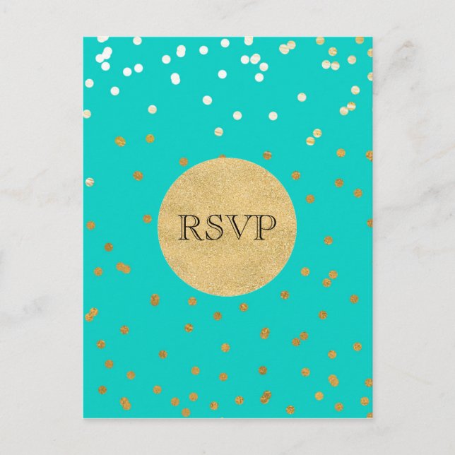 Cartão Postal De Convite RSVP de Pontos de Confetti Azul e Dourado (Frente)