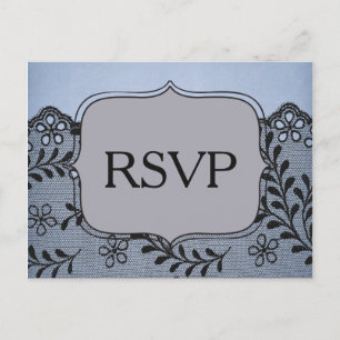 Cartão Postal De Convite RSVP de renda azul e preto