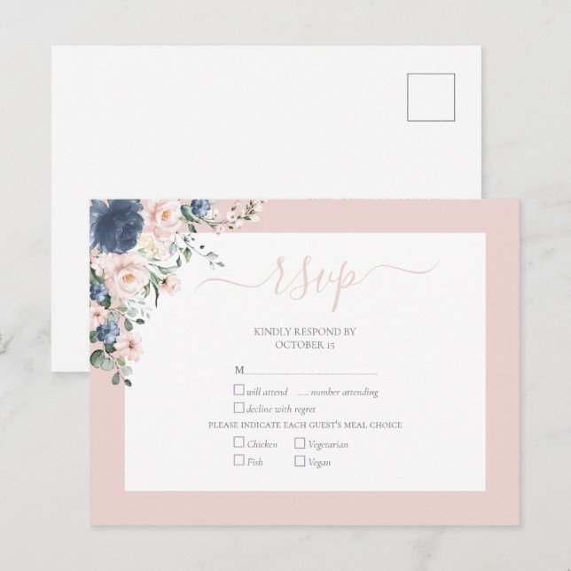 Cartão Postal De Convite RSVP de Script de Lace Blush Azul Elegante (Frente/Verso)