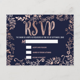Cartão Postal De Convite RSVP de Script de Pincel Azul de Marinho Floral Do