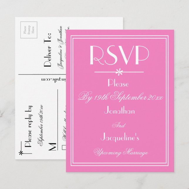 Cartão Postal De Convite RSVP Elegante Casamento Personalizado Nomes Rosa R (Frente/Verso)