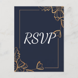 Cartão Postal De Convite RSVP floral de marinho e ouro