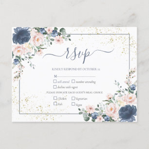 Cartão Postal De Convite RSVP Floral Dourado Cor-de-rosa-claro azul brilhan