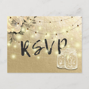 Cartão Postal De Convite RSVP Floral Mason Jar String Luzes Douradas