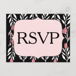 Cartão Postal De Convite RSVP Floral Rosa Branco e Preto